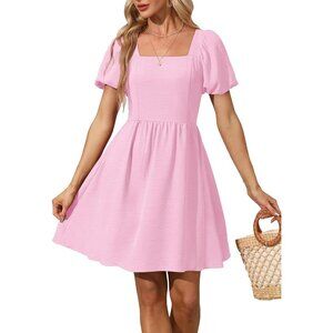 Ofeefan Women Light Pink Puff Sleeve Square Neck Tie in Back Dresses with Zipper